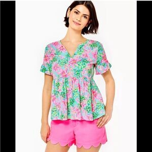 Lilly Pulitzer Jodee Ruffle Sleeve Swing Floral Top - Surf Blue So Shellegant XS